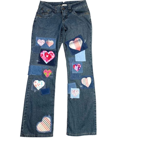 Patched Boho Jeans Pink Hearts Wide Leg Upcycled Denim Womens 4 Hydraulic - Picture 2 of 13